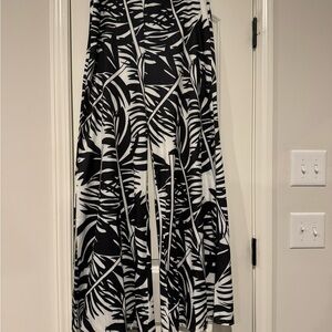 Black and White Wide Leg Pants with Tropical Print